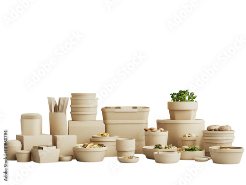 Takeaway food containers in kraft paper, isolated on a white background.  PNG transparent. photo