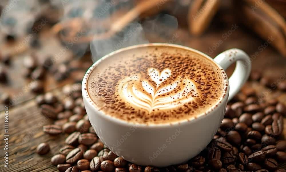 Coffee Steam: A steaming cup of cappuccino sits on a wooden table surrounded by roasted coffee beans, creating a warm and inviting atmosphere. Coffee Steam: A steaming cup of cappuccino sits on a wooden table surrounded by roasted coffee beans, creating a warm and inviting atmosphere.