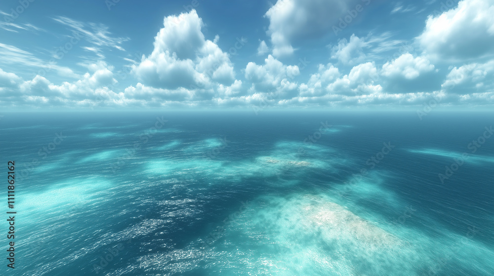 Vast Ocean with Sunny Sky and Coral Reefs. Concept of Tropical Paradise, Travel, and Exploration. Vast Ocean with Sunny Sky and Coral Reefs. Concept of Tropical Paradise, Travel, and Exploration.