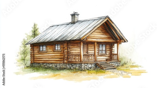 Illustration for a cozy wooden cabin isolated on white background