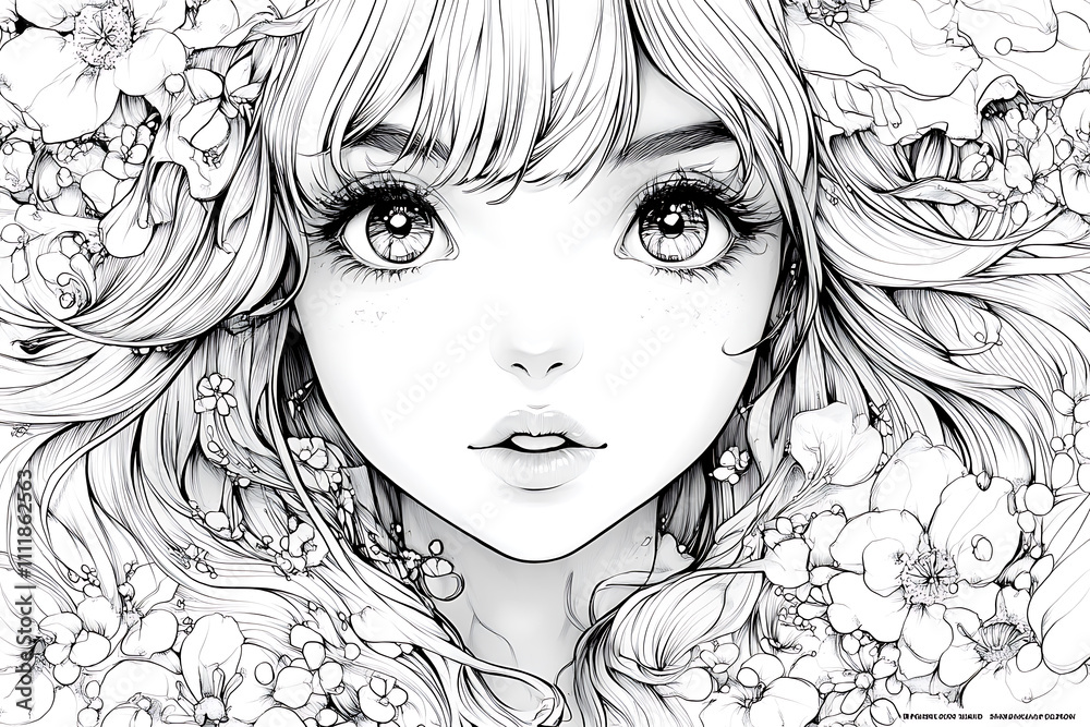 Anime girl coloring page illustration featuring a kawaii-style character with expressive eyes, intricate patterns, and whimsical decorative elements Anime girl coloring page illustration featuring a kawaii-style character with expressive eyes, intricate patterns, and whimsical decorative elements