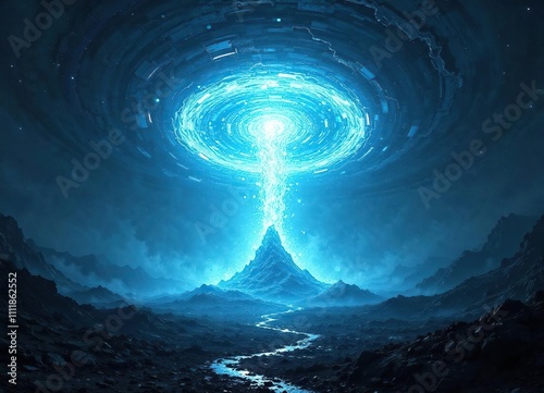 A mesmerizing vortex of light rises from the depths on a darkened terrain, radiant tumult , swirling energies