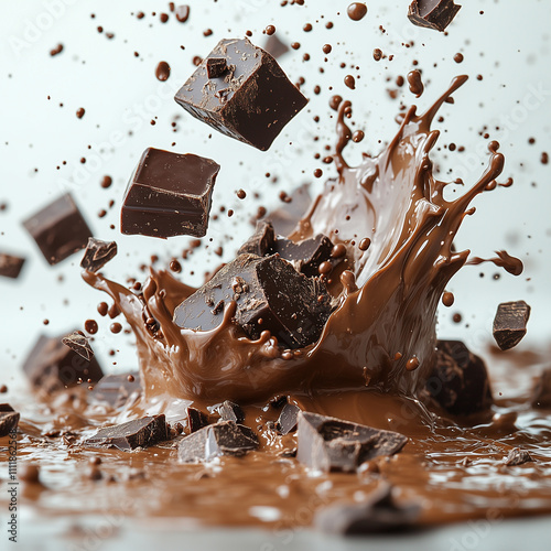 Dynamic Chocolate Splash with Flying Chunks. Luxury Chocolate Chunks and Splash Close-Up. Creative Confectionery