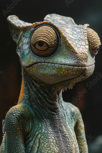 A close up of a chameleon's face with a black background photo