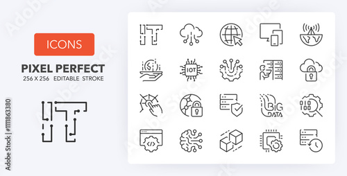 Line icons about information technoligies. Contains such icons as cloud computing, internet, digital transformation and more. Editable vector stroke. 256 Pixel Perfect scalable to 128px...