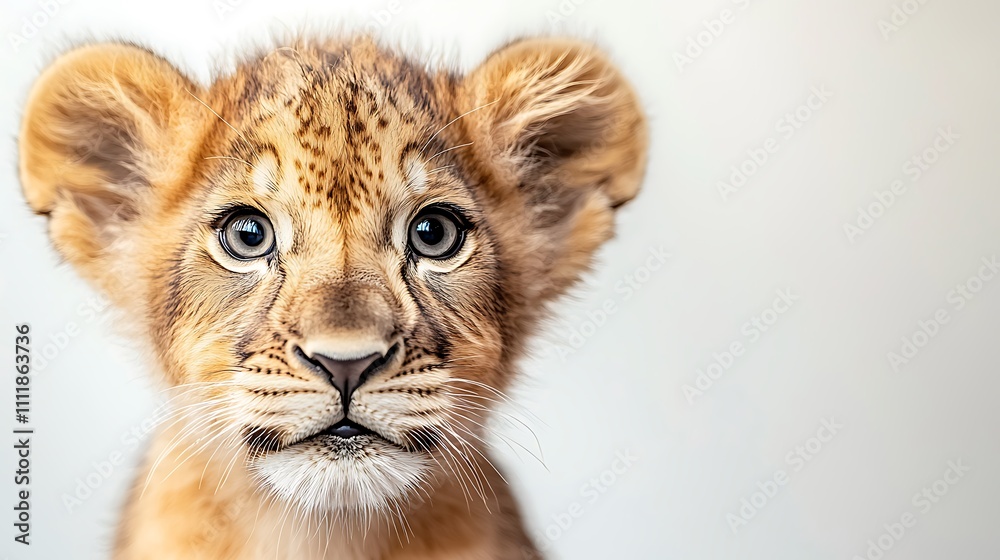 A close up photo of a lion cub's face, showing its soft fur, whiskers, large eyes, and adorable expression, with a white background emphasizing its features. A close up photo of a lion cub's face, showing its soft fur, whiskers, large eyes, and adorable expression, with a white background emphasizing its features.