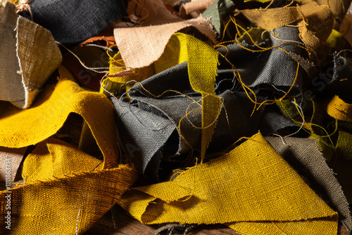 Linen fabric scraps. Selective focus photo