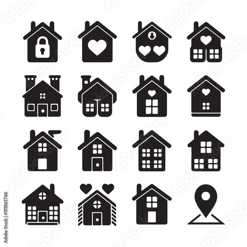 Symbols or icons of houses, buildings isolated on black. Silhouette 