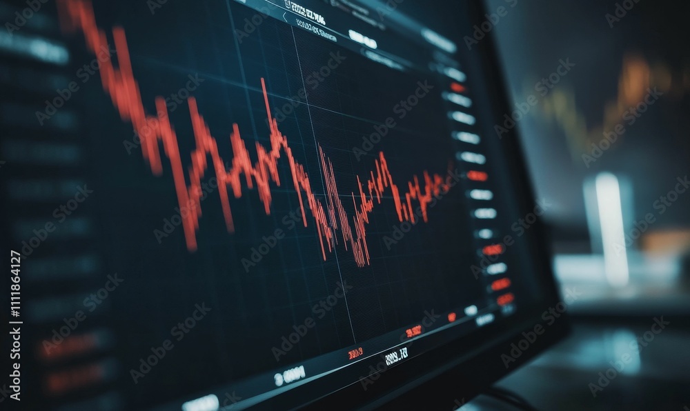 Red declining graph on dark screen displays financial data. Red declining graph on dark screen displays financial data.