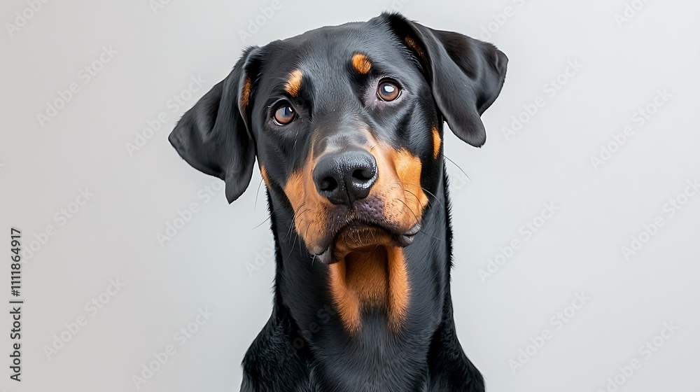 The portrait showcases a powerful and alert Doberman dog with a sleek black and tan coat, distinctive cropped ears, and piercing eyes, set against a clean white background The portrait showcases a powerful and alert Doberman dog with a sleek black and tan coat, distinctive cropped ears, and piercing eyes, set against a clean white background