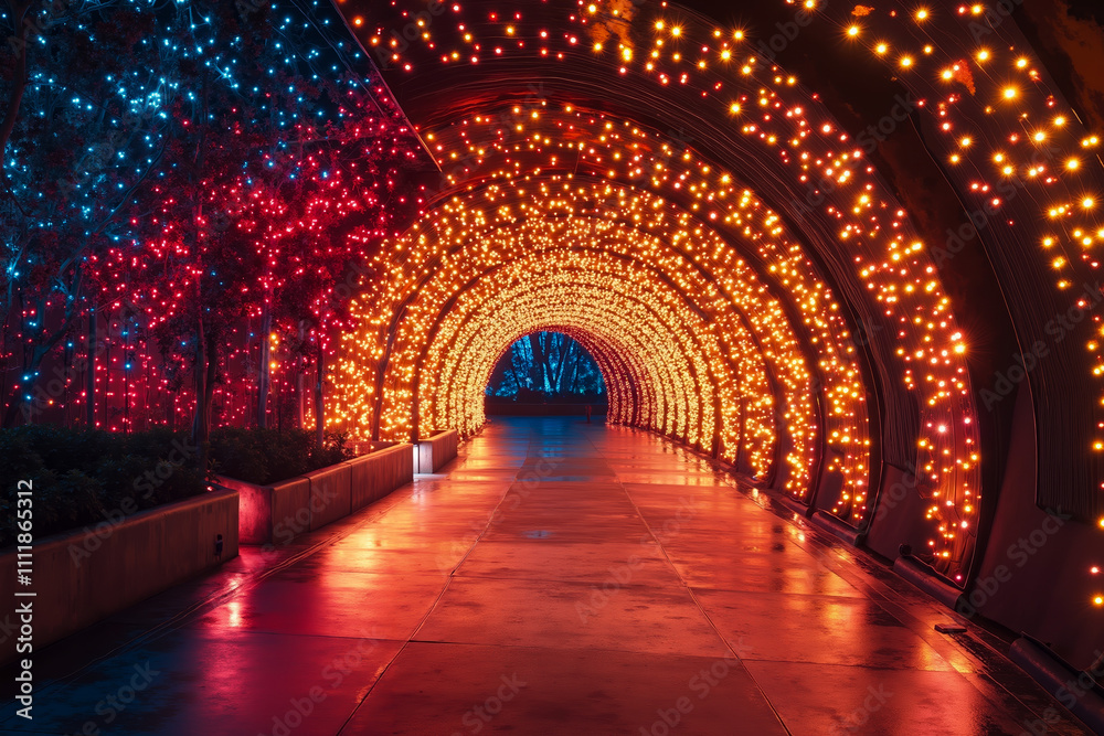 Fototapeta premium A walkway covered in red, white and blue lights at night