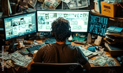 Person sits at cluttered desk, using computers, surrounded by money.