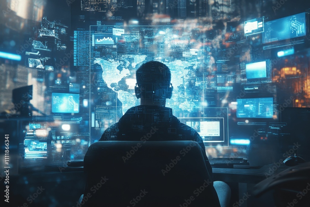 Person sits before glowing data screens. Person sits before glowing data screens.