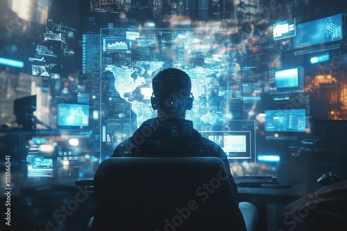 Person sits before glowing data screens.