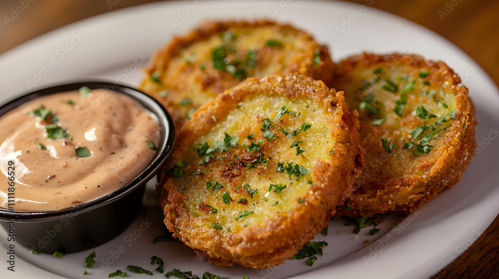 Crispy fried green tomatoes served with creamy dipping sauce, garnished with fresh herbs. delicious Southern dish perfect for appetizers or snacks Crispy fried green tomatoes served with creamy dipping sauce, garnished with fresh herbs. delicious Southern dish perfect for appetizers or snacks