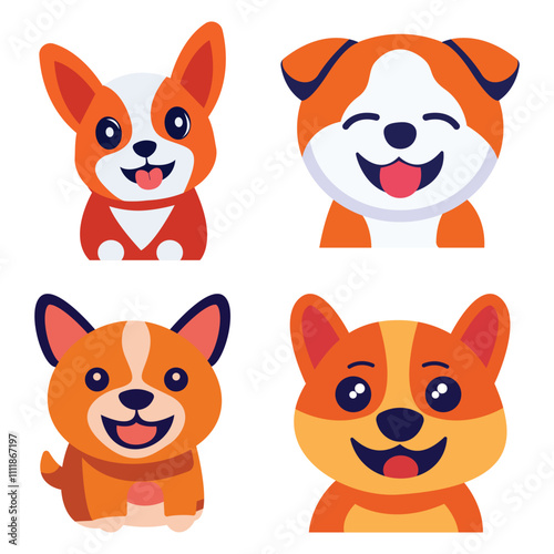 Set of Cute Orange Puppy Dog Animal Head Cartoon Character with Happy Expression