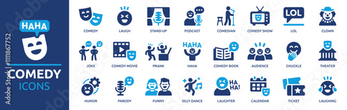 Comedy icon set. Containing laugh, funny, joke, stand-up, prank, lol, joke, clown and laughing. Solid vector icons collection.