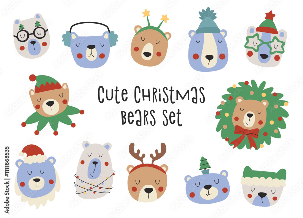 Naklejka premium Cute Christmas Bears. Bear heads with Christmas attributes and accessories. Hand drawn animals for children's card designs and winter clothes.