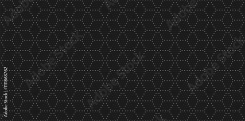 Abstract mesh of gray different sizes dots on a black background. Dark endless texture with dot decor, geometric flowers. Vector seamless pattern for wrapping paper, cover, surface texture or printing