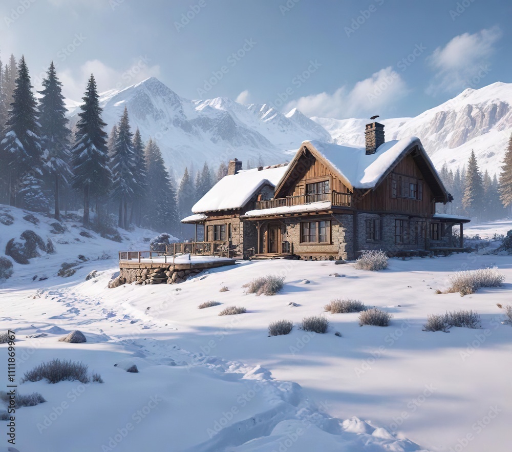 Isolated house in winter landscape, snow-covered, winter wonderland, snowy landscape, solitude Isolated house in winter landscape, snow-covered, winter wonderland, snowy landscape, solitude