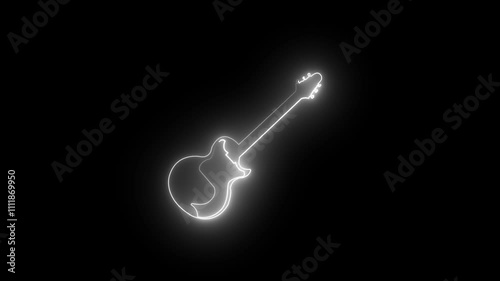 Musical instrument. Abstract white guitar icon and sound wave on black background. Electric guitar in neon glow with the effect of appearing in empty space among many particles