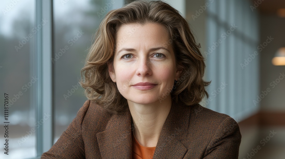 A woman with brown hair and a brown jacket is sitting in front of a window. She is smiling and looking at the camera A woman with brown hair and a brown jacket is sitting in front of a window. She is smiling and looking at the camera