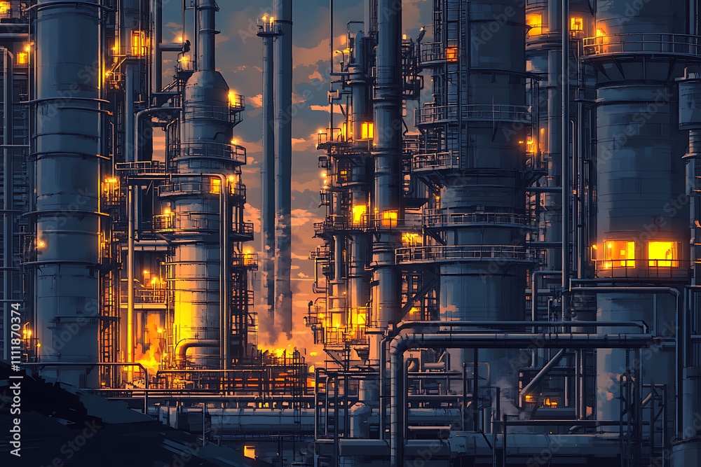 Industrial pipeline transport for petrochemical and gas processing, showing steel pipes, furnace factory lines, and heat-processing equipment in a large-scale plant Industrial pipeline transport for petrochemical and gas processing, showing steel pipes, furnace factory lines, and heat-processing equipment in a large-scale plant