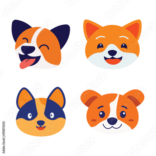 Set of Cute Orange Puppy Dog Animal Head Cartoon Character with Happy Expression