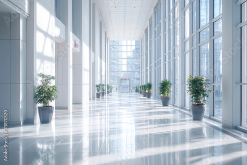 Bright modern office lobby interior with plants and large windows.