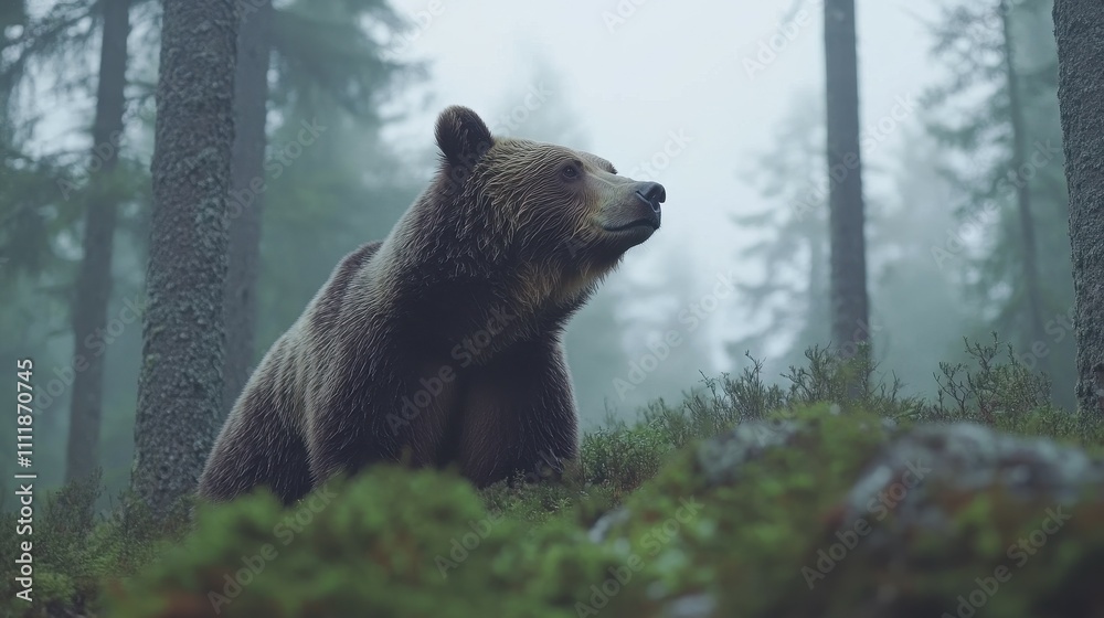 Obraz premium A bear is standing in a forest with trees and bushes. The bear is looking at the camera