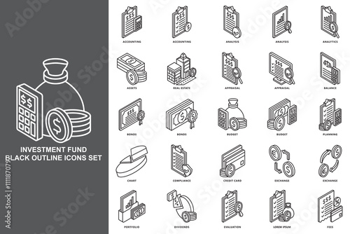 Investment fund isometric 3D icons set. contain assets, bonds, real estate, credit card, budget, dividends and more. use for modern concept, print, UI, UX kit, web and app development. Vector EPS 10