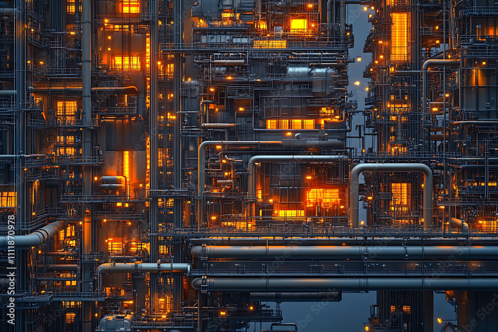 Industrial pipeline transport for petrochemical and gas processing, showing steel pipes, furnace factory lines, and heat-processing equipment in a large-scale plant Industrial pipeline transport for petrochemical and gas processing, showing steel pipes, furnace factory lines, and heat-processing equipment in a large-scale plant