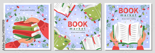 Set of banner for bookstore, library, sale in bookshop, market. People read books with winter decor, garlands, Christmas tree and snow. Vector illustration for poster, cover, sale.