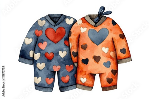 Colorful watercolor onesies featuring heart patterns perfect for children's clothing design and decoration. photo