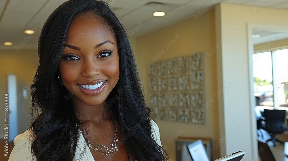 A woman with long hair and a necklace is smiling. She is wearing a white shirt and is standing in a room