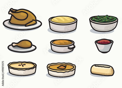 thanksgiving  dinner easy vector symbol illustration dishes easy vector symbols table fall celebration turkey mashed potato autumn food isolated on white background