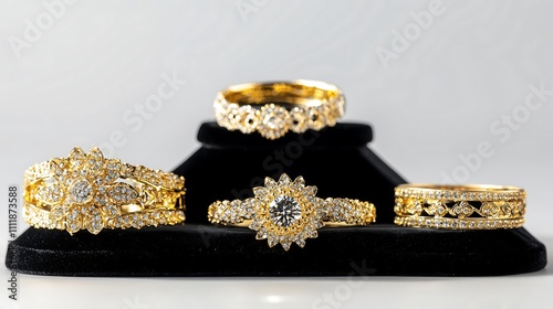 Classy collection of exquisite jewelry pieces artfully arranged on a black velvet stand, featuring luxurious gold trimmings and expertly lit to showcase brilliance, isolated on a white background for