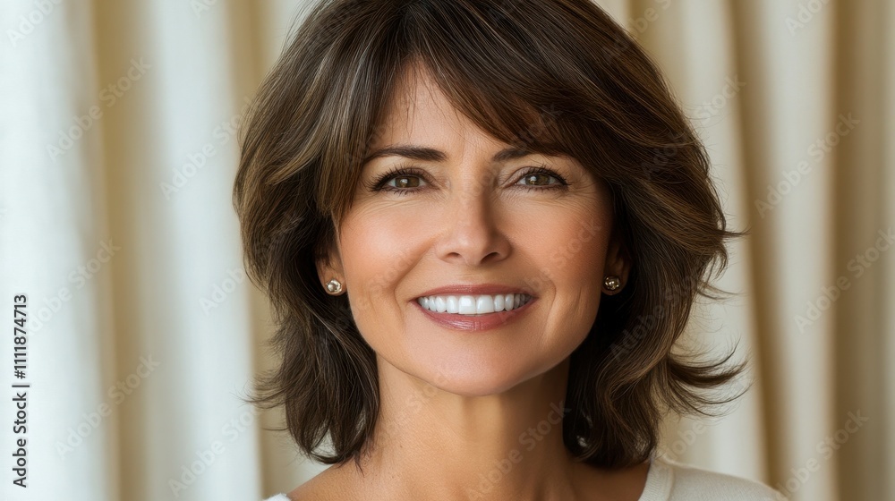 A woman with a short haircut and a white shirt is smiling. She has a pair of earrings and a necklace A woman with a short haircut and a white shirt is smiling. She has a pair of earrings and a necklace