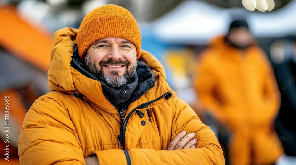 A man in a yellow jacket is smiling and posing for a picture. He is wearing a knit hat and a scarf A man in a yellow jacket is smiling and posing for a picture. He is wearing a knit hat and a scarf