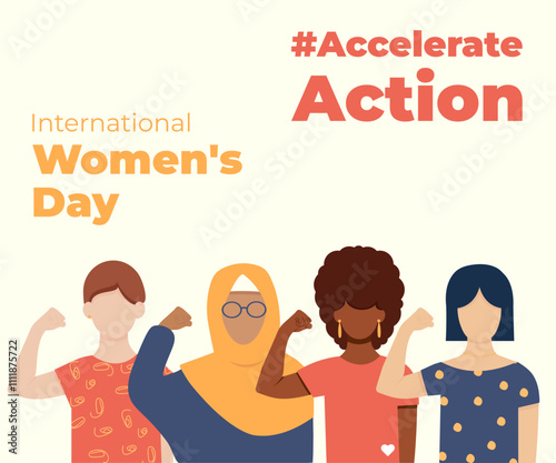 Banner Women's Day. #AccelerateAction. Women of different ethnicitie. IWD 2025 campaign Accelerate Action. March 8. Isolated Faceless vector illustration.