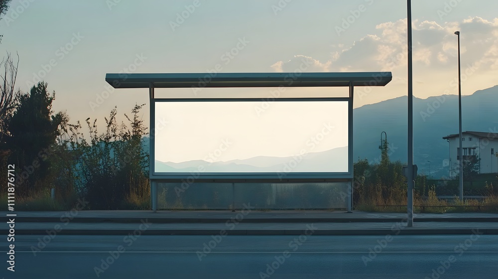 Blank billboard at bus shelter near road, outdoor advertising concept Blank billboard at bus shelter near road, outdoor advertising concept
