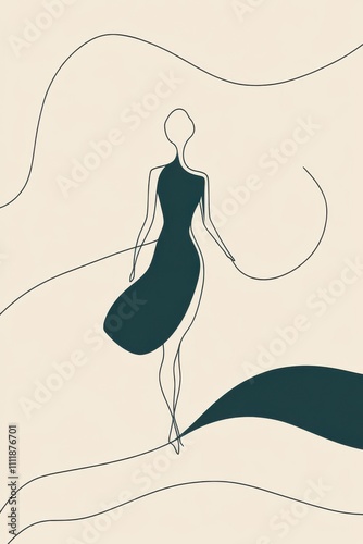 A minimal single line art of a woman walking forward with purposeful strides, arms swinging confidently, eyes focused ahead, hand-drawn style minimalist line art, beige colors and deep teal tones photo