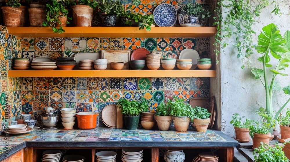 A vibrant bohemian kitchen with colorful tiling A vibrant bohemian kitchen with colorful tiling