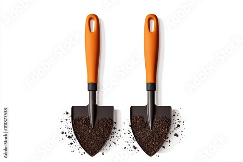 Stylish garden trowels with orange handles on a white background, perfect for planting and gardening activities. photo