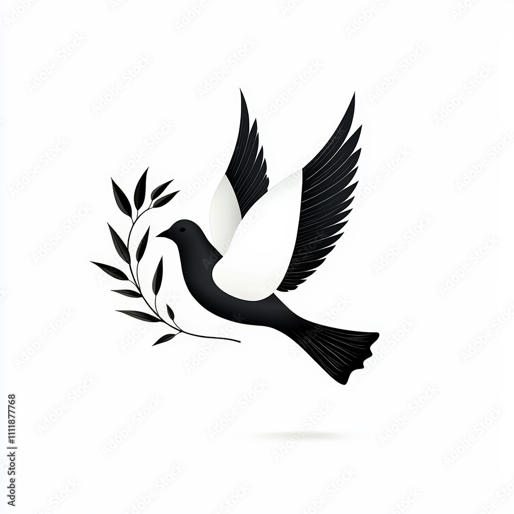 Stylized black and white dove with olive branch, symbolizing peace, freedom, and hope in a minimalist design. Stylized black and white dove with olive branch, symbolizing peace, freedom, and hope in a minimalist design.