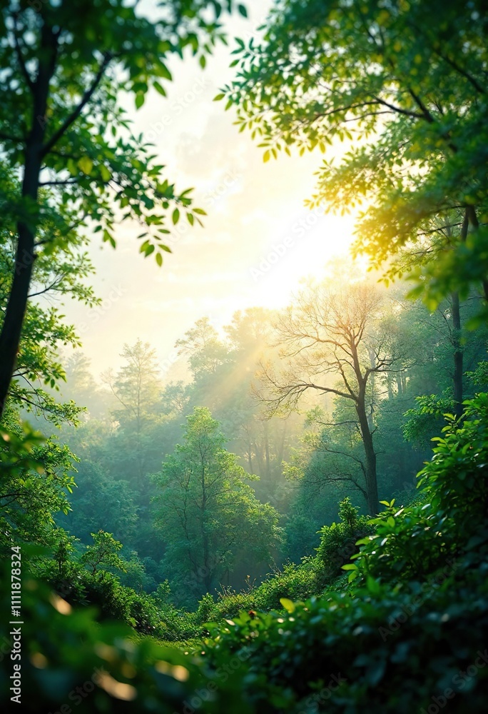 White bokeh lights illuminating a lush green forest at dawn , soft focus, white light White bokeh lights illuminating a lush green forest at dawn , soft focus, white light