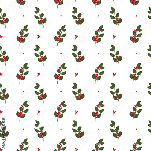 Christmas holly berry semaless pattern on white background, seamless background photo