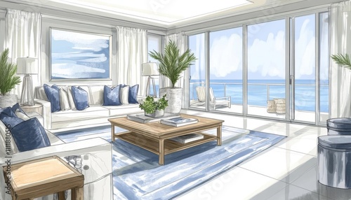 A serene coastal living room with modern decor and ocean views.
