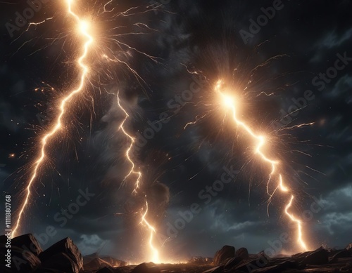 Glittering sparks flying through a dark and stormy night sky , wild, dark, stormy night sky