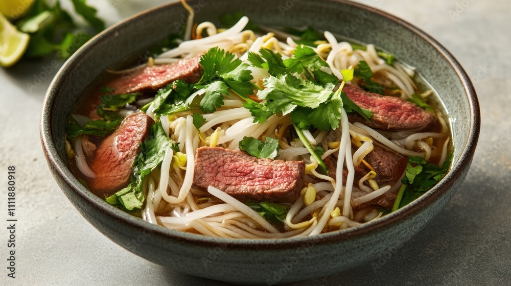 Vietnamese pho with beef, rice noodles, bean sprouts, and fresh herbs in a bowl.. Vietnamese pho with beef, rice noodles, bean sprouts, and fresh herbs in a bowl..